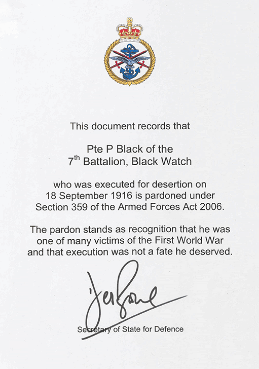 Pte Peter Black's pardon. Click on the image to enlarge.
